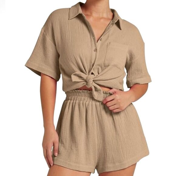 Tops - Women's 2 Piece Casual Outfits Cotton Linen Button Down Shirt Top Shorts Set S.